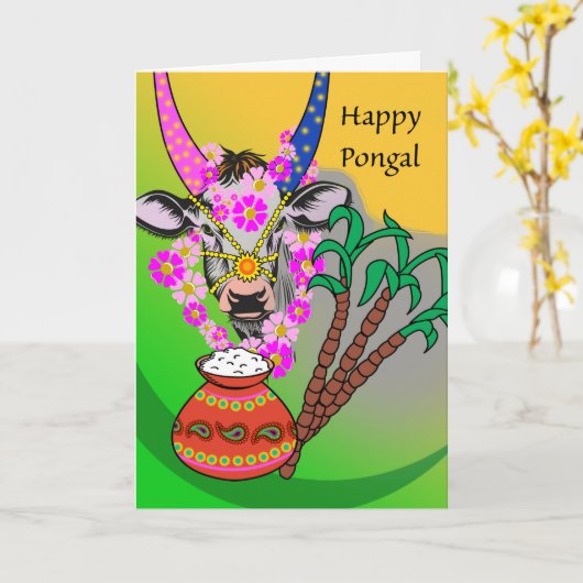 Happy Pongal, dekorierte Kuh, Pongalreifen, Zucker Karte (Gelbe Blume)