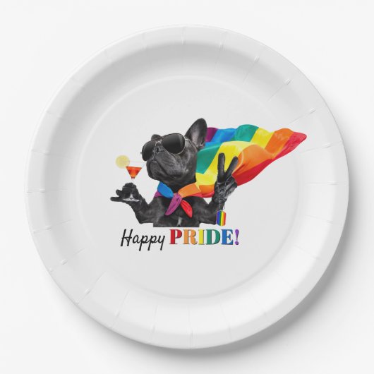 Happy Pride Party Hund in Regenbogen Cape Pappteller (Vorderseite)