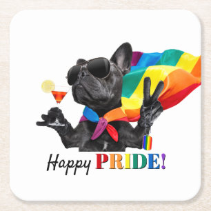 Happy Pride Party Hund in Regenbogen Cape Rechteckiger Pappuntersetzer