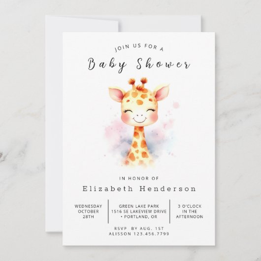 Happy Printable Giraffe Baby Shower Einladung (Vorderseite)
