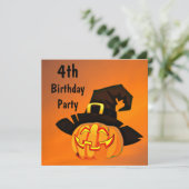 Happy Pumpkin in Hexen Hat 4. Geburtstag Einladung (Stehend Vorderseite)