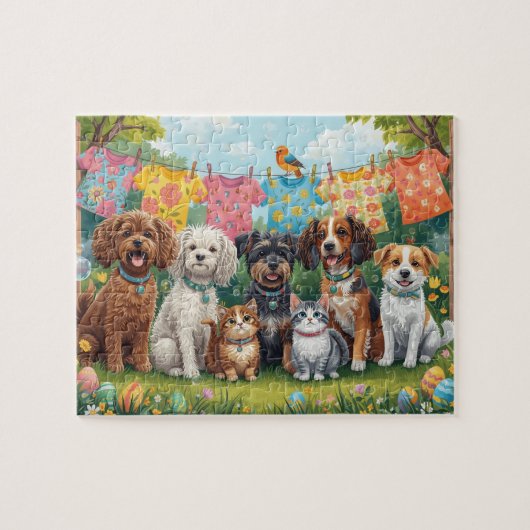 Happy Puppies and Kittens in Spring Garden Puzzle (Horizontal)