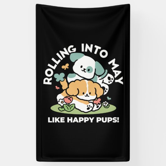 Happy Puppies Rolling in May - Kawaii Hund Kunst Banner (Vertikal)