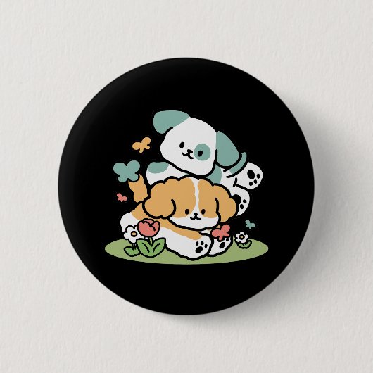 Happy Puppies Rolling in May - Kawaii Hund Kunst Button (Vorderseite)