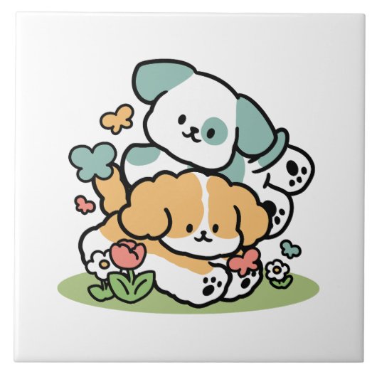 Happy Puppies Rolling in May - Kawaii Hund Kunst Fliese (Vorderseite)