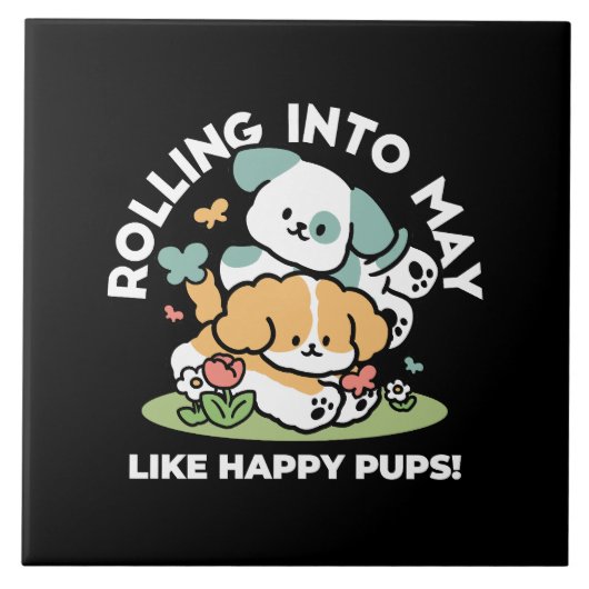 Happy Puppies Rolling in May - Kawaii Hund Kunst Fliese (Vorderseite)