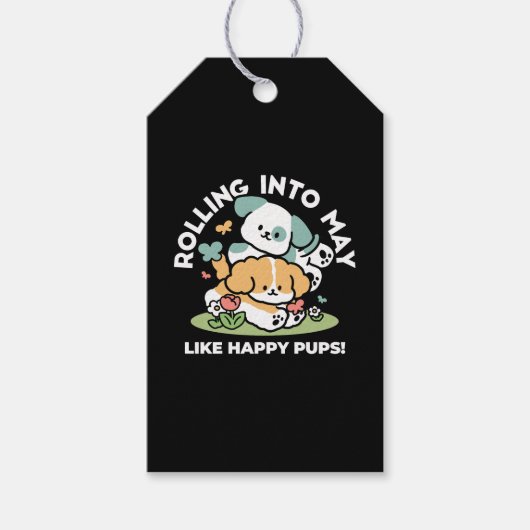 Happy Puppies Rolling in May - Kawaii Hund Kunst Geschenkanhänger (Vorderseite)