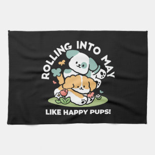 Happy Puppies Rolling in May - Kawaii Hund Kunst Geschirrtuch
