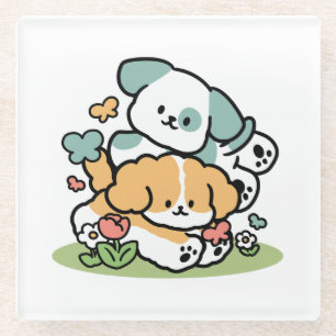 Happy Puppies Rolling in May - Kawaii Hund Kunst Glasuntersetzer