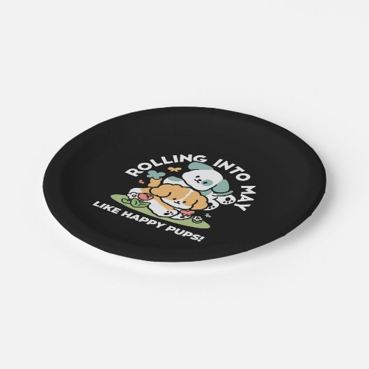 Happy Puppies Rolling in May - Kawaii Hund Kunst Pappteller (Schrägansicht)
