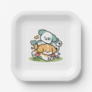 Happy Puppies Rolling in May - Kawaii Hund Kunst Pappteller