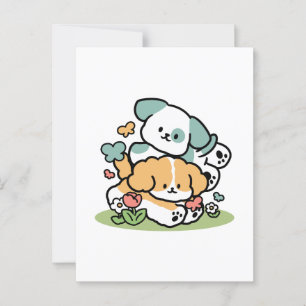 Happy Puppies Rolling in May - Kawaii Hund Kunst Postkarte