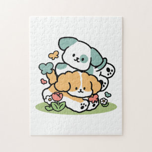 Happy Puppies Rolling in May - Kawaii Hund Kunst Puzzle