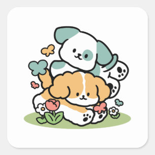 Happy Puppies Rolling in May - Kawaii Hund Kunst Quadratischer Aufkleber
