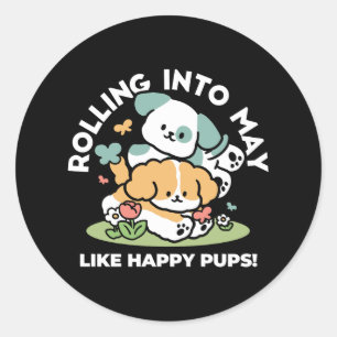 Happy Puppies Rolling in May - Kawaii Hund Kunst Runder Aufkleber