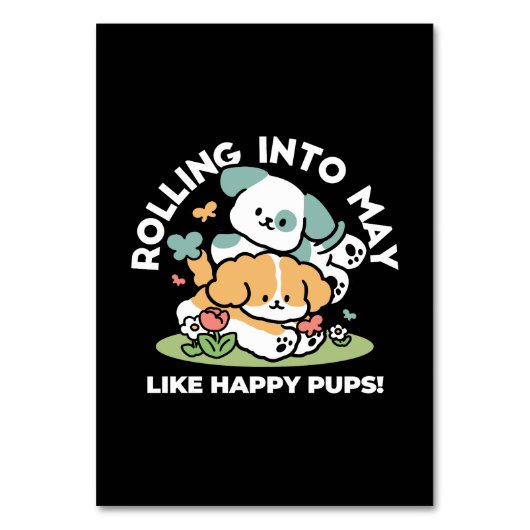 Happy Puppies Rolling in May - Kawaii Hund Kunst Tischnummer (Vorderseite)