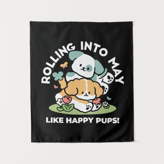 Happy Puppies Rolling in May - Kawaii Hund Kunst Wandteppich (Vorderseite)
