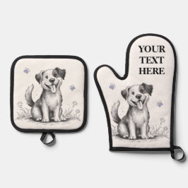 Happy Puppy Dog personalize Name Text Blue Ofenhandschuh & Topflappen-Set