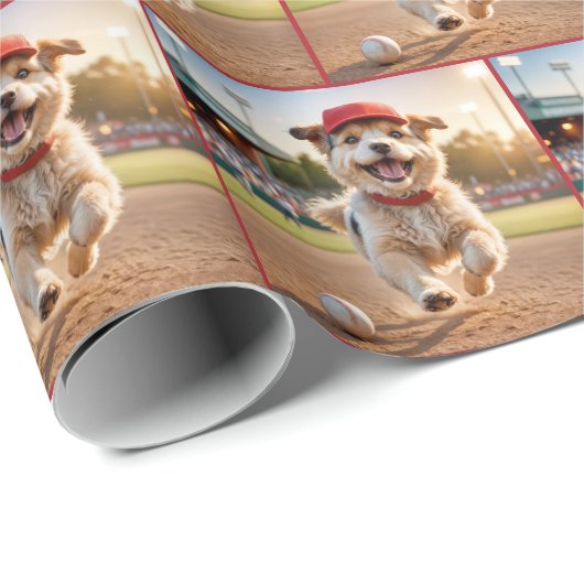 Happy Puppy läuft auf einem Baseballfeld Geschenkpapier (Rolleneckpunkt)