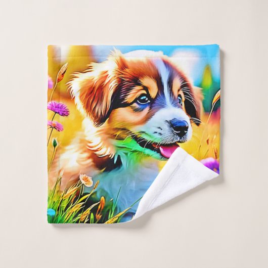 Happy Puppy Meadow Design Badhandtuch Set (Waschlappen)