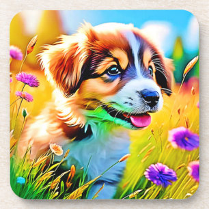 Happy Puppy Meadow Design Getränkeuntersetzer