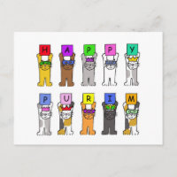 Happy Purim Cartoon Katzen in Masken und Hasen