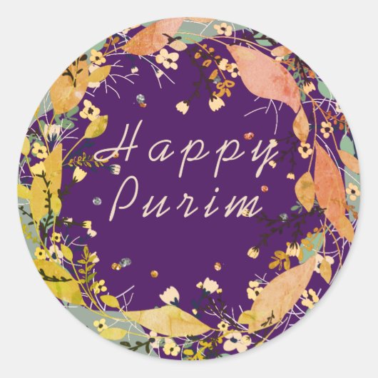 Happy Purim Customize Leafy Kranz Runder Aufkleber (Vorderseite)