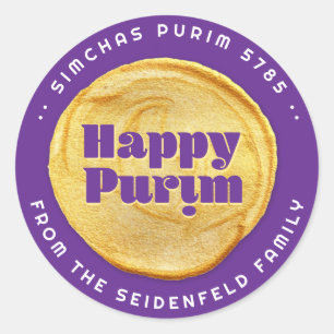 Happy Purim Elegant Gold Siegel Lila Runder Aufkleber
