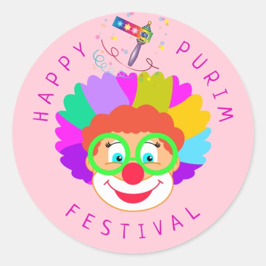 Happy Purim Festival Funny Clown Kinder Party Runder Aufkleber (Vorderseite)