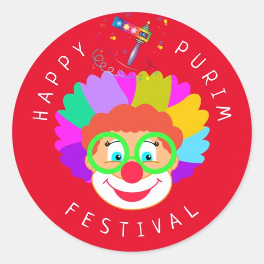 Happy Purim Festival Funny Clown Kinder Party Runder Aufkleber (Vorderseite)