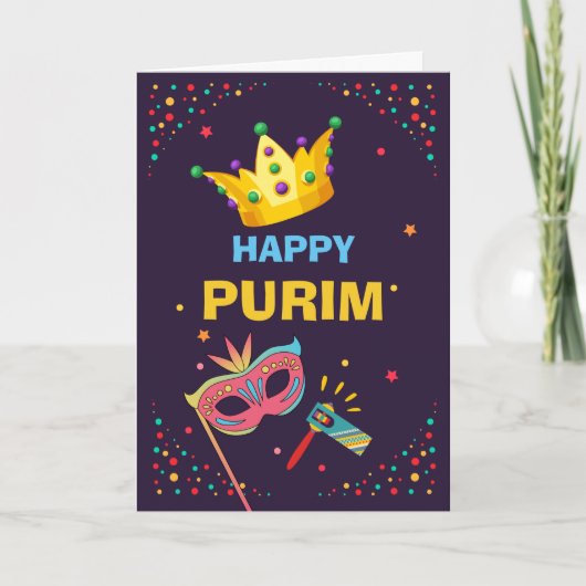 Happy Purim Festive Mask Noise Maker und Confetti Karte (Vorderseite)