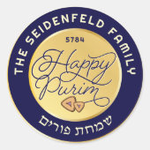 Happy Purim Lila & Gold Script Classic Runder Aufkleber (Vorderseite)