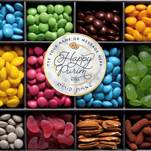 Happy Purim Marble & Gold Script Classic LARGE Runder Aufkleber