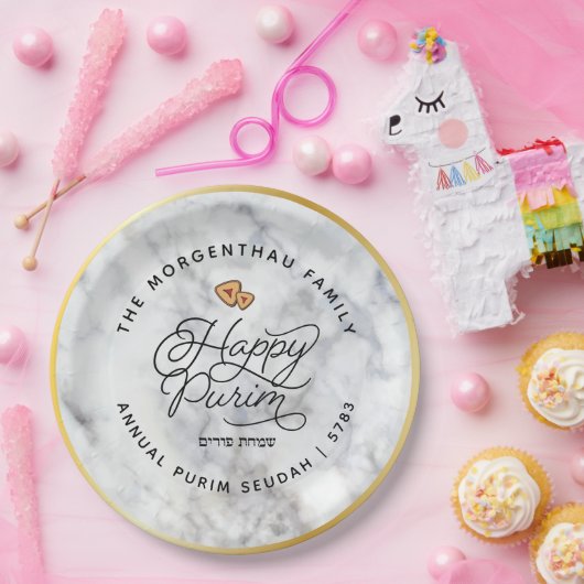 Happy Purim Marble & Gold Script Classic Round Sti Pappteller (Party)