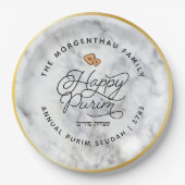 Happy Purim Marble & Gold Script Classic Round Sti Pappteller (Vorderseite)