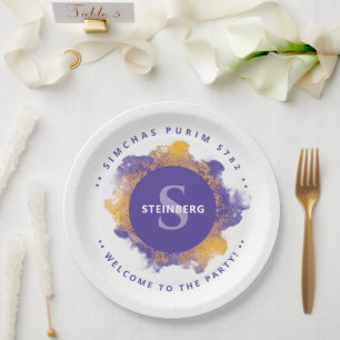 Happy Purim - Personalisierte Monogramm-Platte Pappteller