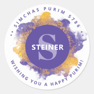 Happy Purim Purple Personalized Monogram Runder Aufkleber