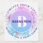Happy Purim Watercolor Glitzer Blue Monogram Weinetikett (Einzelnes Label)