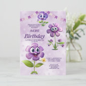 Happy Purple Flowers Geburtstagsparty Einladung (Stehend Vorderseite)