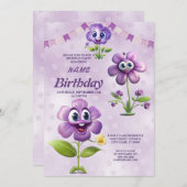 Happy Purple Flowers Geburtstagsparty Einladung (Vorne/Hinten)