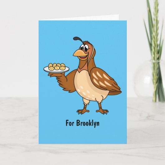 Happy quail mit Eiern Cartoon Karte (Vorderseite)