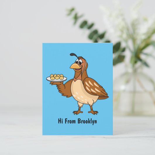 Happy quail mit Eiern Cartoon Postkarte (Stehend Vorderseite)