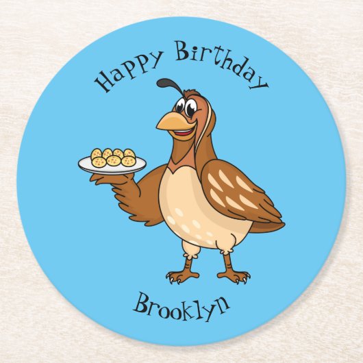 Happy quail mit Eiern Cartoon Runder Pappuntersetzer (Vorderseite)