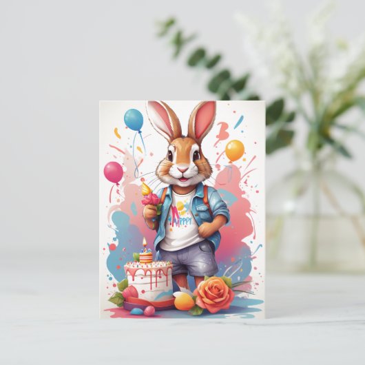 Happy Rabbit mit Cake | Postkarte (Stehend Vorderseite)