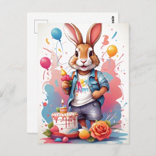 Happy Rabbit mit Cake | Postkarte (Vorne/Hinten)