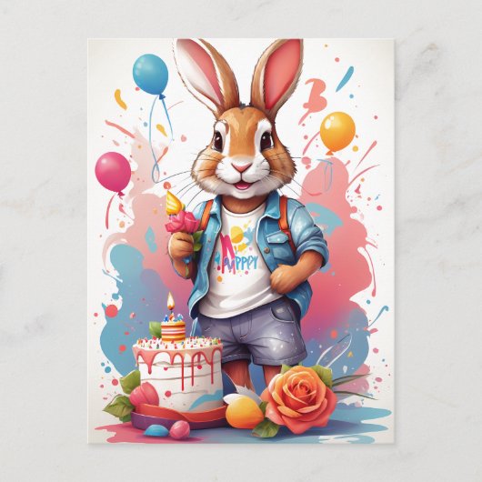 Happy Rabbit mit Cake | Postkarte (Vorderseite)