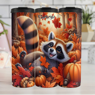 Happy Raccoon im Herbst Blätter und Pumpkins Thermosbecher
