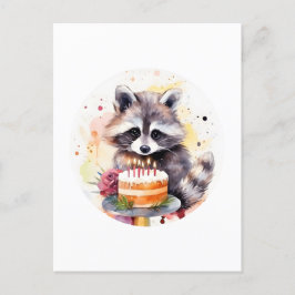Happy Raccoon mit Geburtstagskuchen Postkarte