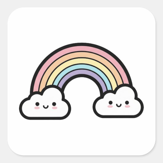 Happy Rainbow – Cute Kawaii Illustration Quadratischer Aufkleber (Vorderseite)