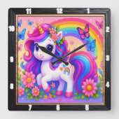 Happy Rainbow Unicorn Quadratische Wanduhr (Vorderseite)